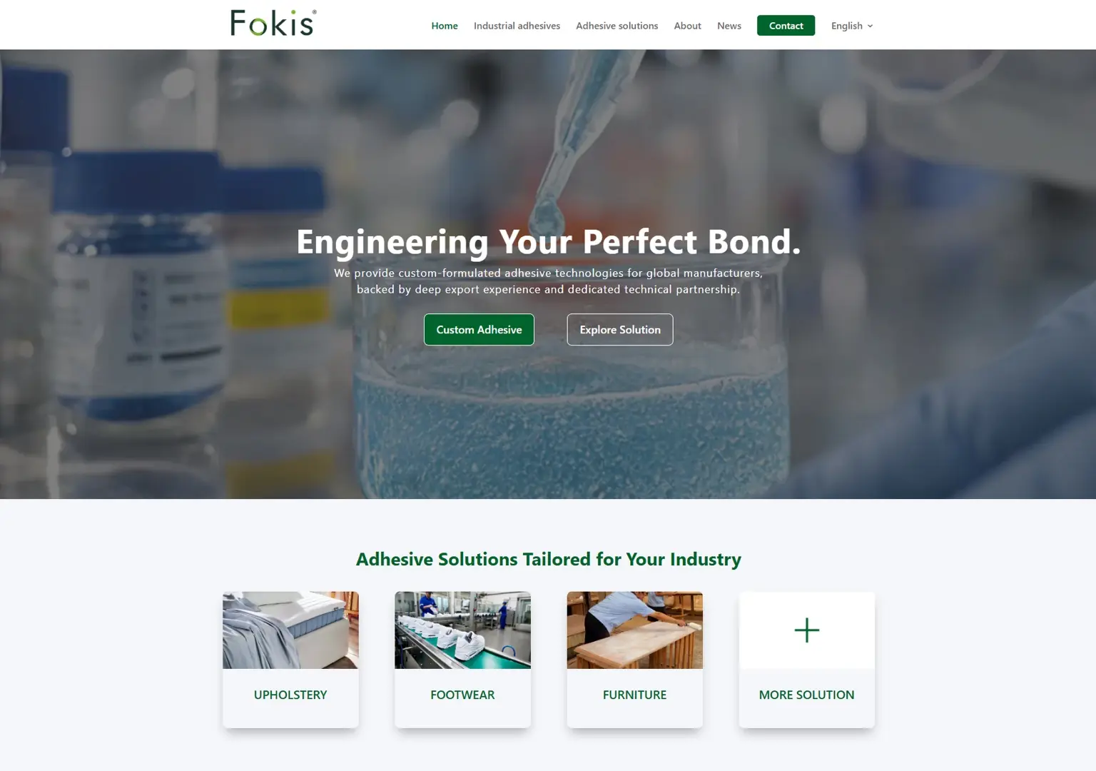 Fokis 工业胶粘剂网站首页，展示产品与行业应用入口